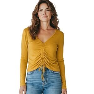 Live in the Moment Mustard Yellow Ruched Front V-Neck Long Sleeve Top Small
